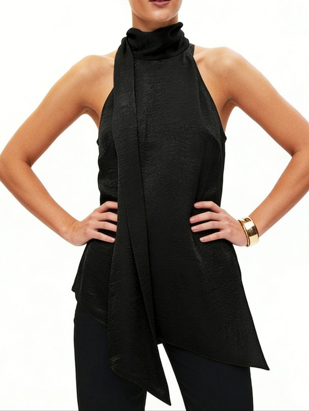 Chic Black Halter Tie-Neck Top